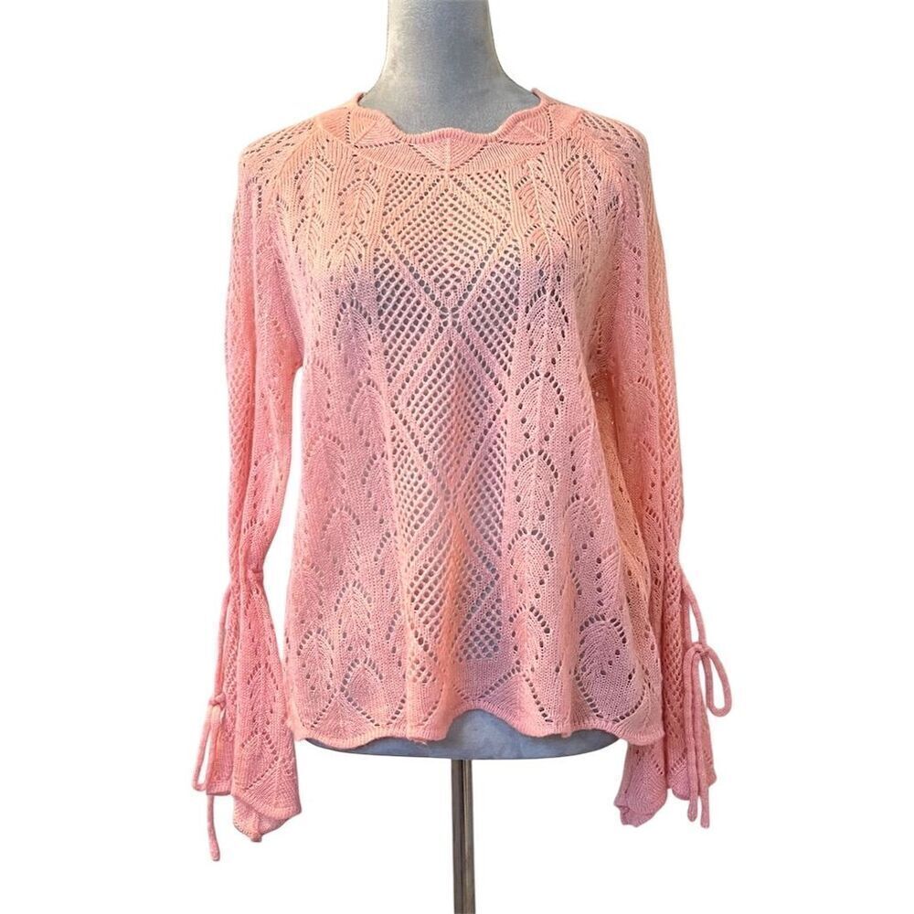 Women's Pink Bell Sleeve Open Knit Sweater Size L Casual Pullover Scallop Neck